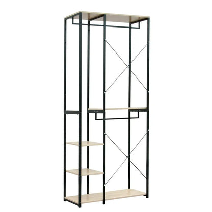 Vrijstaande Kapstok met Kledingrek & Schoenenrek – Hout & Staal – 2 Kledingrails & 4 Opbergplanken