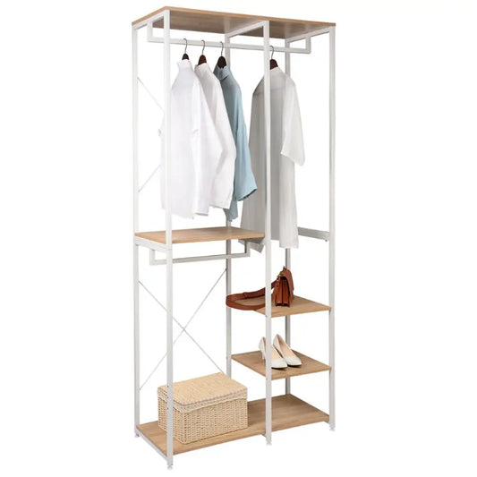 Vrijstaande Kapstok met Kledingrek & Schoenenrek – Hout & Staal – 2 Kledingrails & 4 Opbergplanken