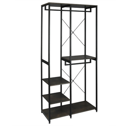 Vrijstaande Kapstok met Kledingrek & Schoenenrek – Hout & Staal – 2 Kledingrails & 4 Opbergplanken