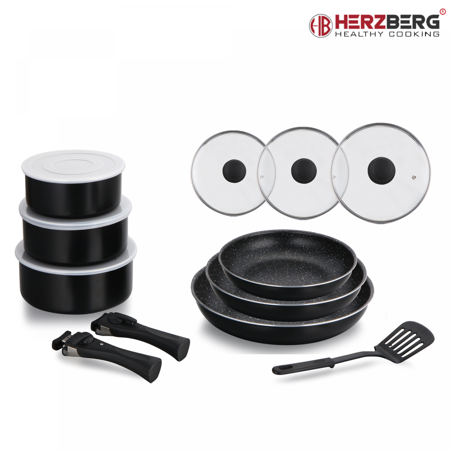 Herzberg HG-8091-15BK: 15-delige pannenset met marmercoating - Design Meubelz