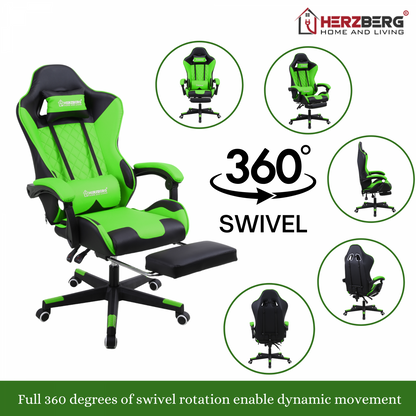 Herzberg 8081: Gaming- en bureaustoel met intrekbare voetensteun groen - Design Meubelz