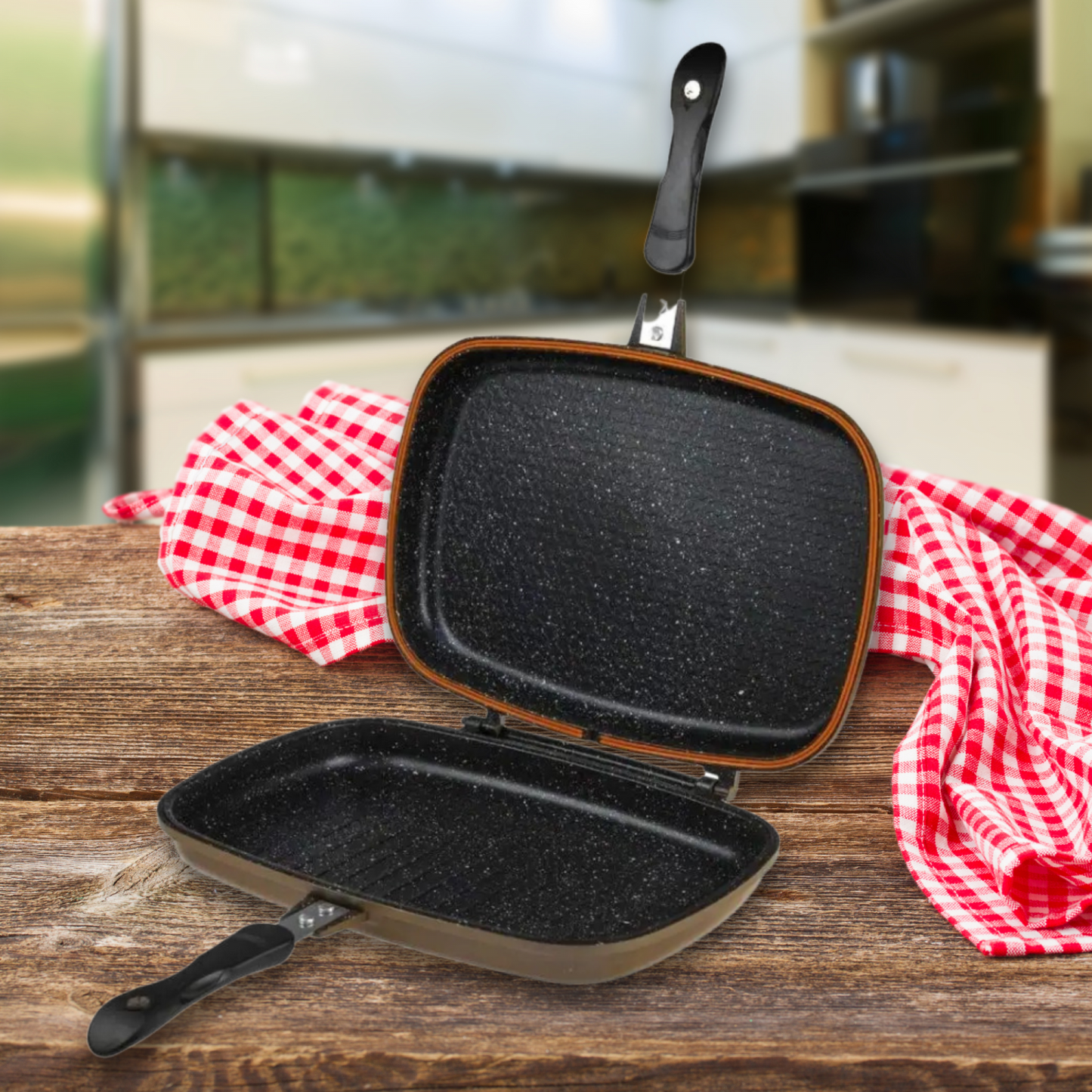 Cheffinger CF-DG32: Omkeerbare dubbele grillpan met marmercoating - 32 cm koper - Design Meubelz