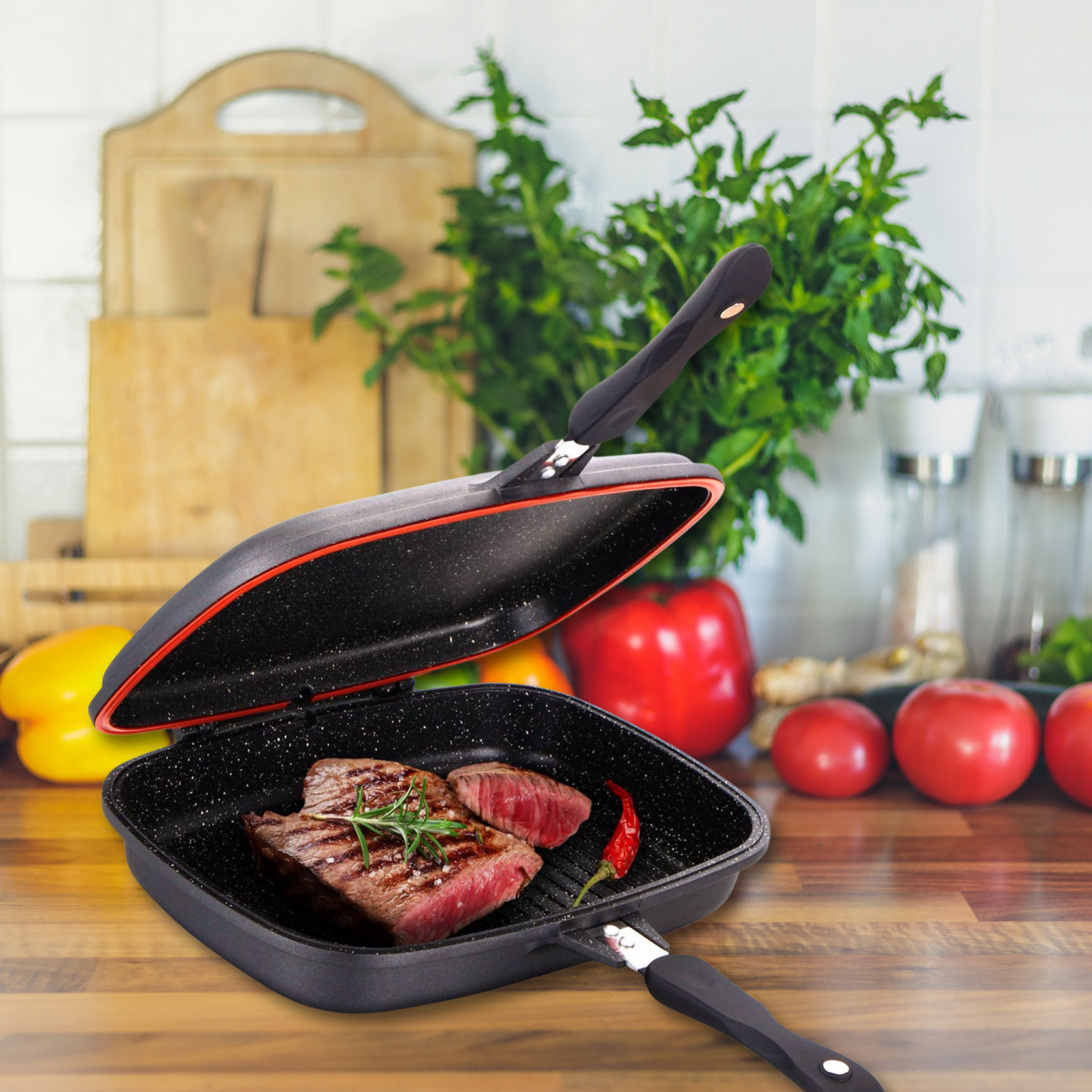 Cheffinger CF-DG32: Omkeerbare dubbele grillpan met marmercoating - 32 cm koper - Design Meubelz