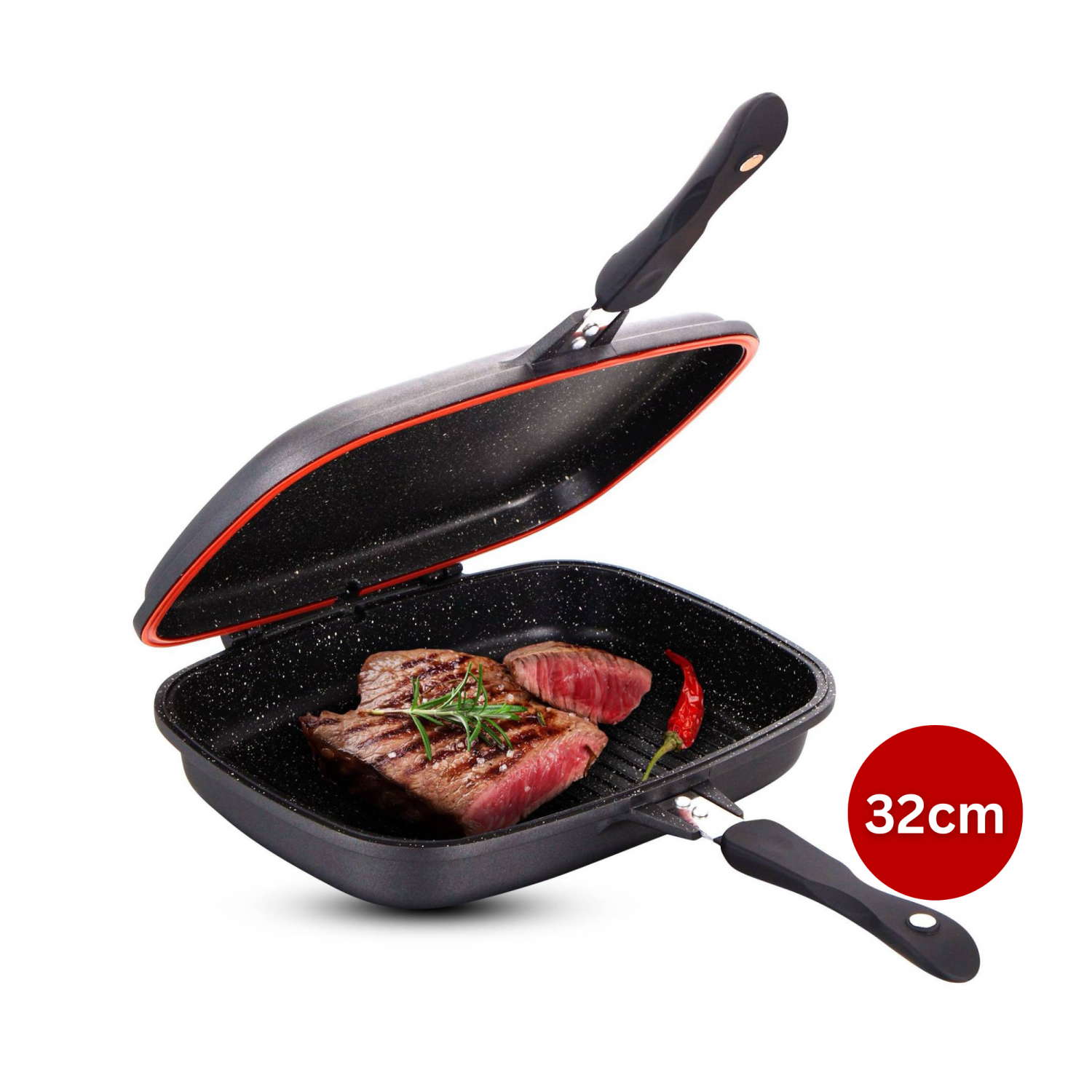 Cheffinger CF-DG32: Omkeerbare dubbele grillpan met marmercoating - 32 cm koper - Design Meubelz