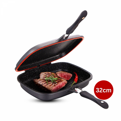 Cheffinger CF-DG32: Omkeerbare dubbele grillpan met marmercoating - 32 cm bordeauxrood - Design Meubelz