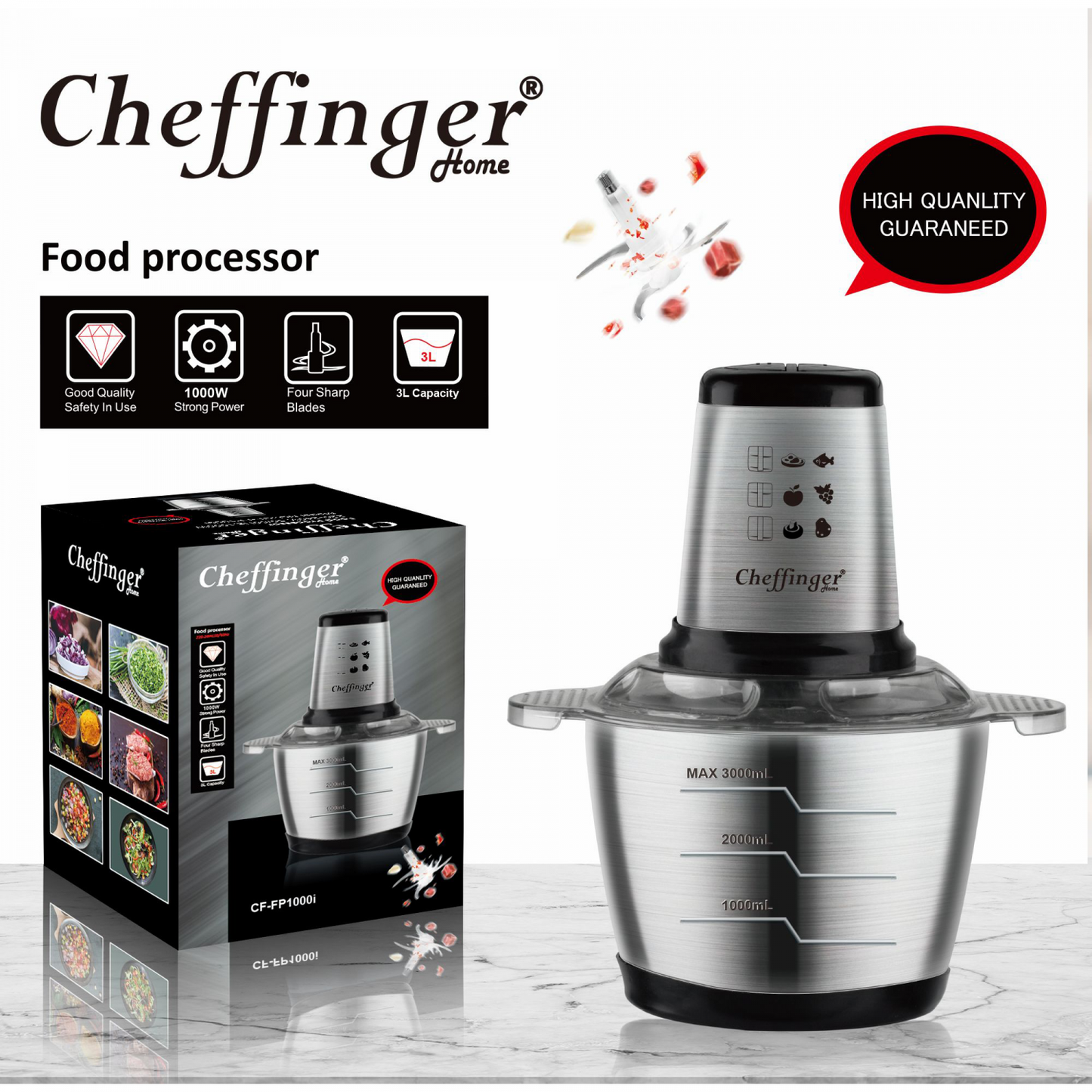 Cheffinger CF-FP1000I: 3L 1000W keukenmachine - Design Meubelz