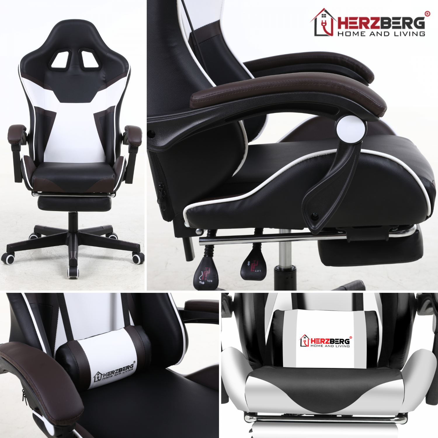 Herzberg HG-8082: driekleurige gaming- en bureaustoel met T-vormig accent wit - Design Meubelz