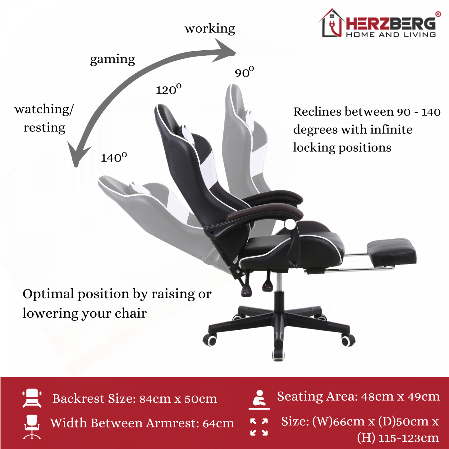 Herzberg HG-8083: driekleurige gaming- en bureaustoel met lineair accent wit - Design Meubelz