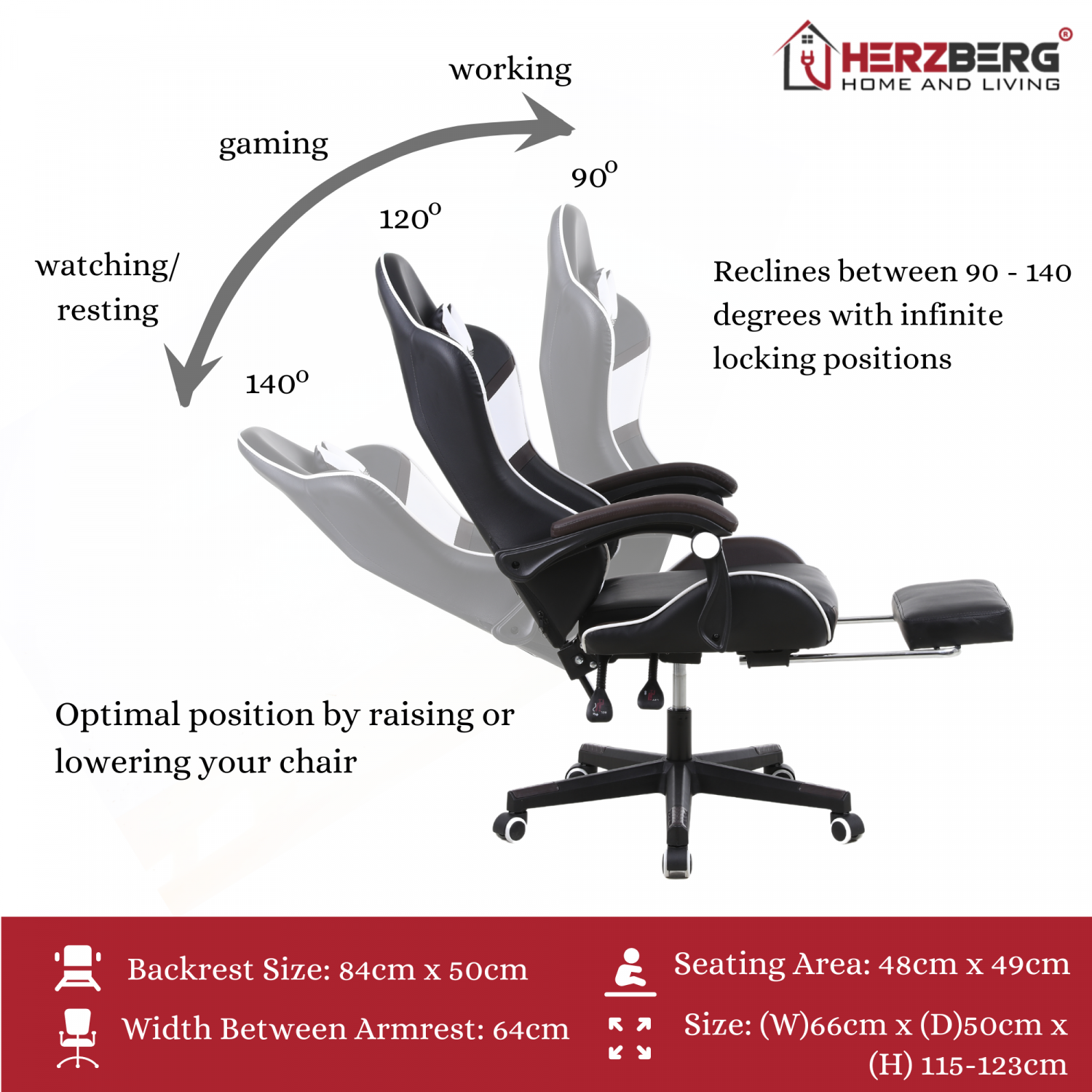 Herzberg HG-8083: driekleurige gaming- en bureaustoel met lineair accent rood - Design Meubelz