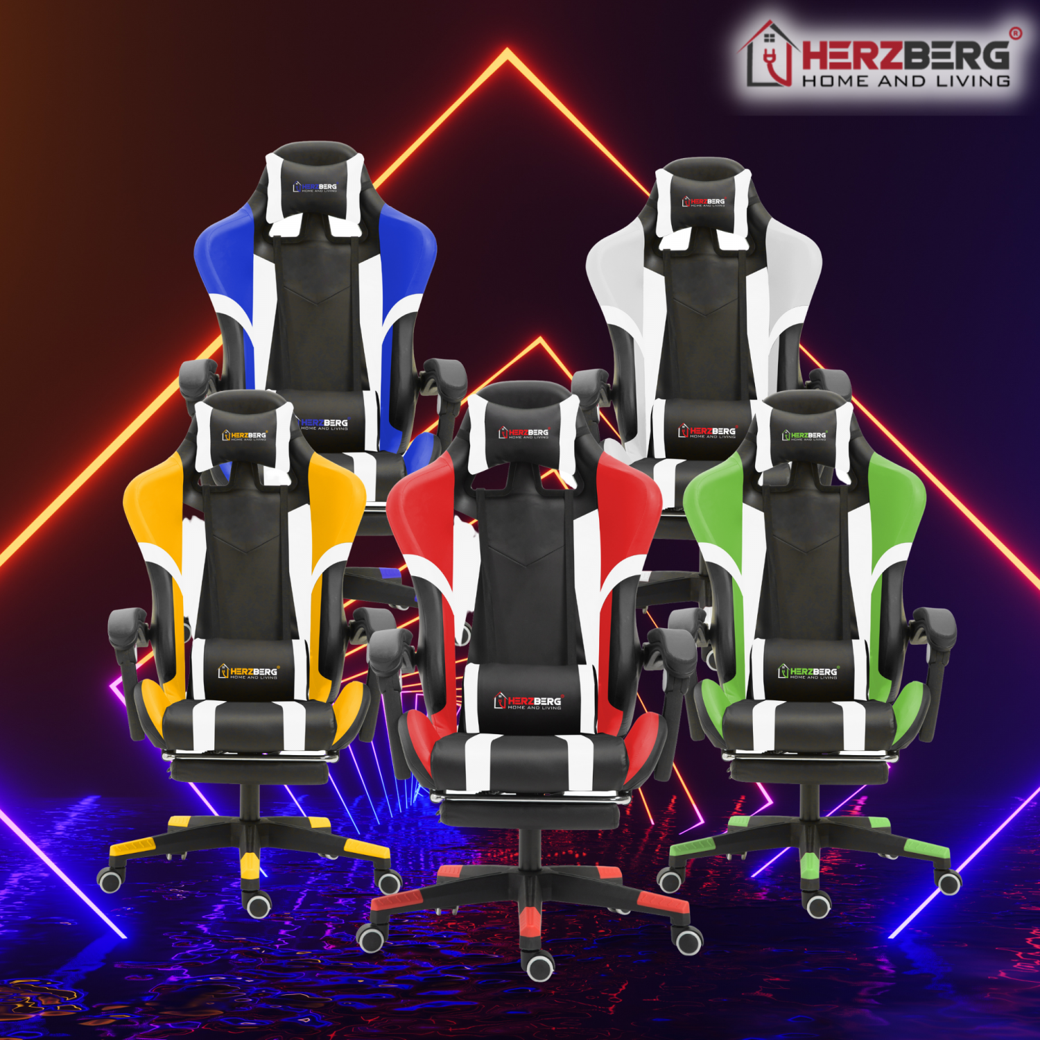 Herzberg HG-8083: driekleurige gaming- en bureaustoel met lineair accent geel - Design Meubelz